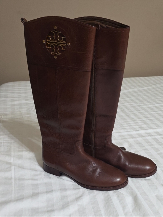 Tory Burch Shoes - Tory Burch Brown Leather Tall Logo-Embellished Riding Boots